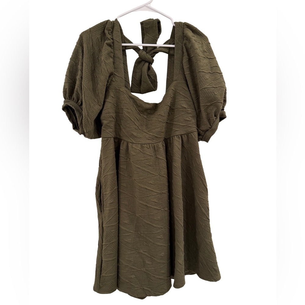 Elegant Olive Green Puff Sleeve Dress - Picture 2 of 3